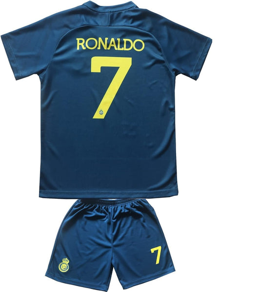 1 Stop Soccer Ronaldo CR7 Jersey Kids Uniform AL NASSR Fc Saudi Arabia Blue and Yellow