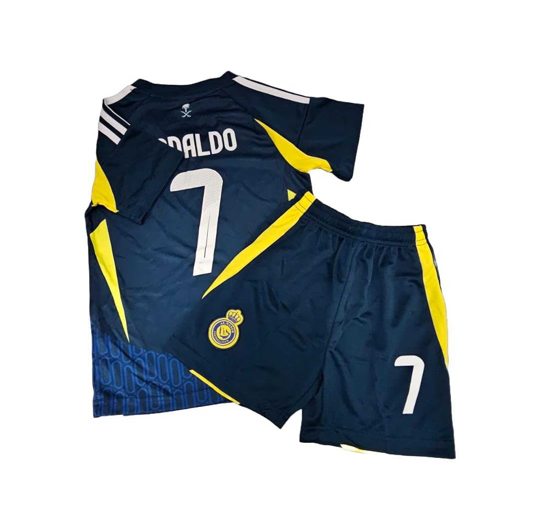 1 Stop Soccer Ronaldo CR7 Jersey Kids Uniform AL NASSR Fc Saudi Arabia Blue and Yellow