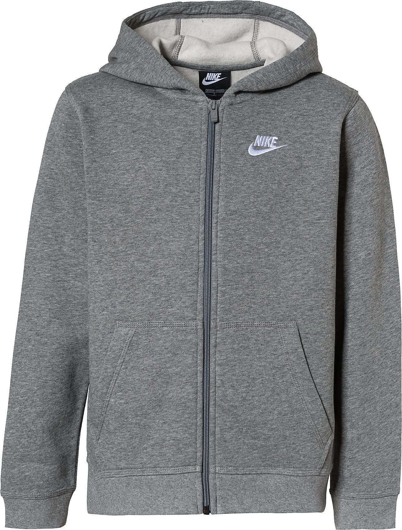 Nike Boy's NSW Club Full Zip Hoodie, Carbon Heather/Smoke Grey/White, Large